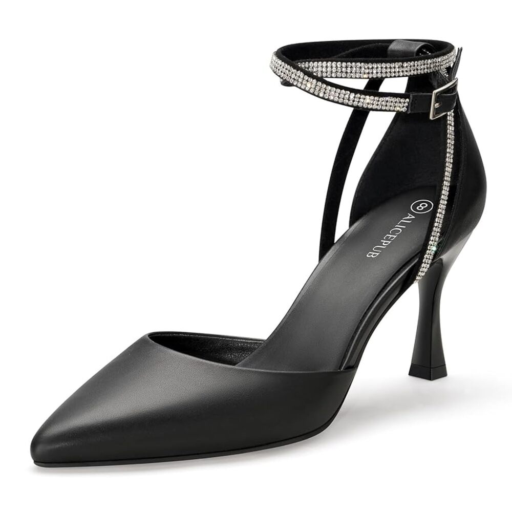 Alicepub Women's Black Pointed Toe Heels Stiletto Rhinestone Dress Shoes Size 10